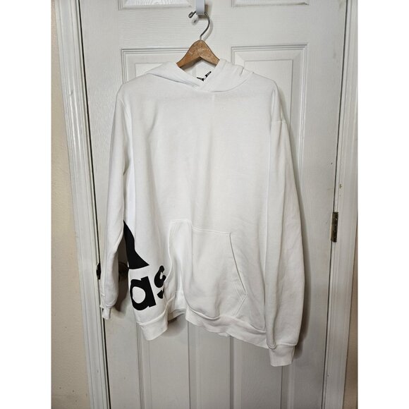 Adidas White Hoodie Men’s Large Pullover  Black Logo Athleisure Sporty - Picture 1 of 4